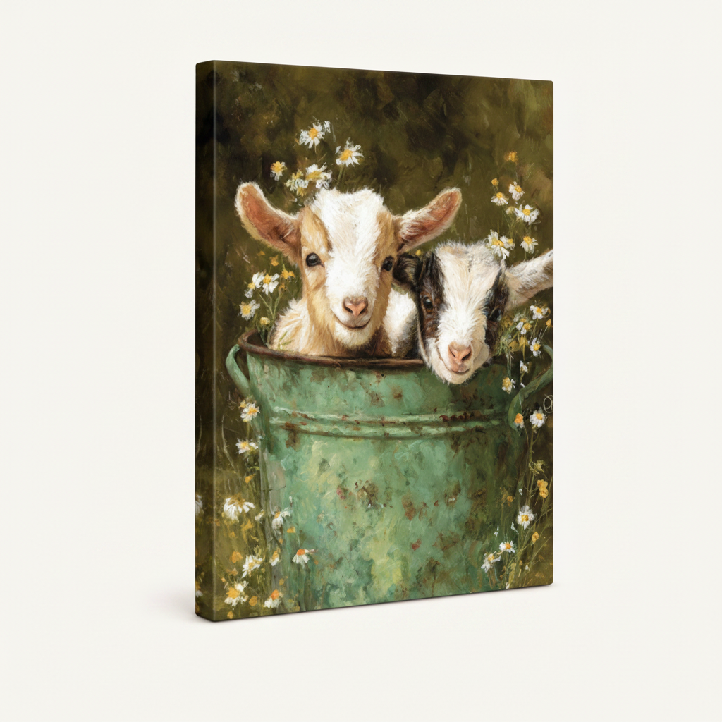 Baby goats in rustic daisy bucket farmhouse canvas in dark walnut float frame, 3/4 angle white background