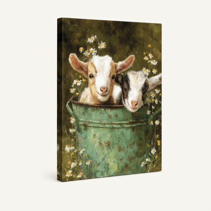 Baby goats in rustic daisy bucket farmhouse canvas in dark walnut float frame, 3/4 angle white background