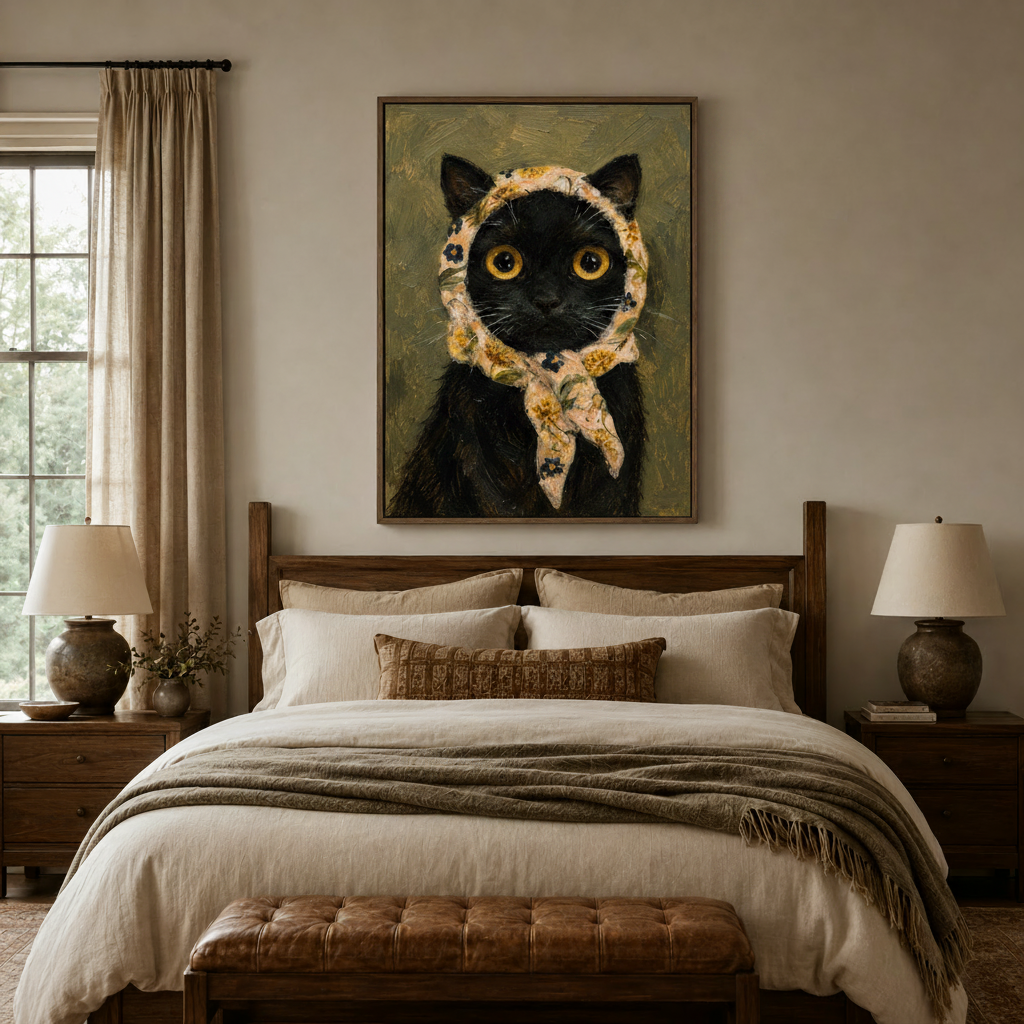 Black cat floral headscarf canvas wall art displayed above bed in a warm neutral farmhouse bedroom