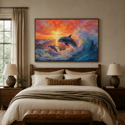 Colorful dolphin sunset framed canvas art centered above headboard in cozy walnut bedroom with warm neutral tones