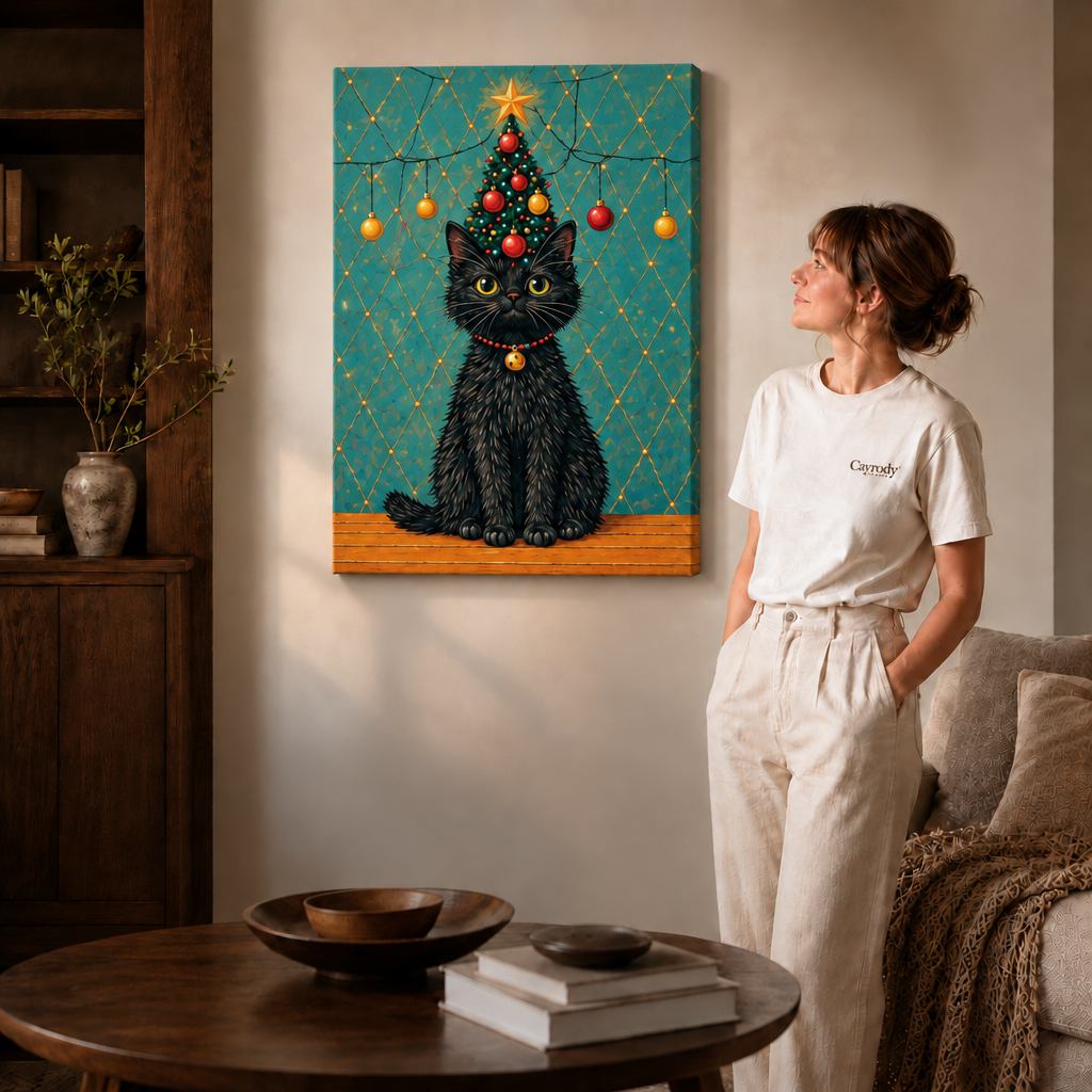 Gallery-wrapped black cat Christmas tree canvas above a round table in a warm living room.
