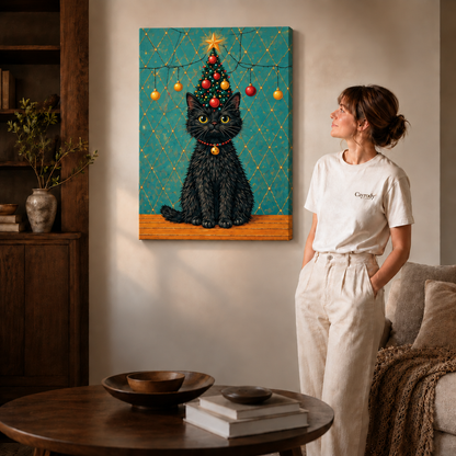 Gallery-wrapped black cat Christmas tree canvas above a round table in a warm living room.