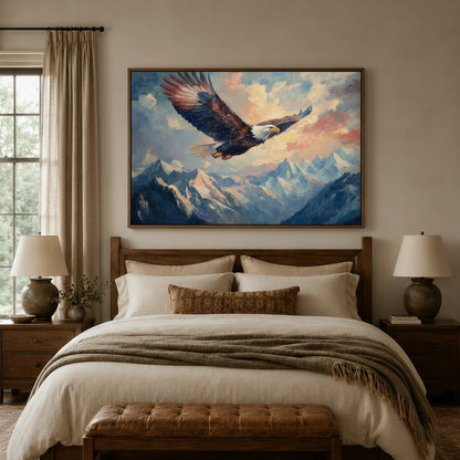 Impressionist eagle canvas wall art in walnut float frame above bedroom headboard