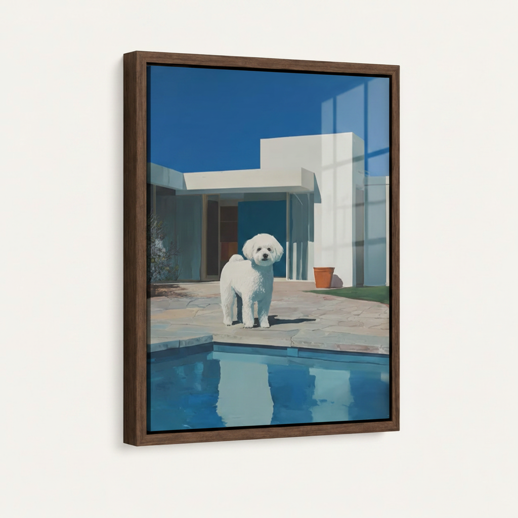 Framed white dog poolside modernist canvas in dark walnut float frame with black gap on soft off-white background