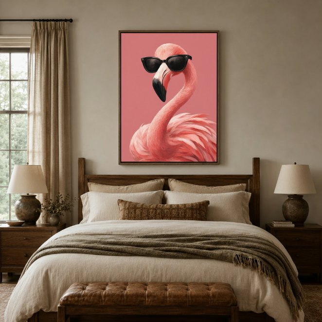 Trendy flamingo sunglasses canvas art above dark walnut bed with cream bedding in cozy neutral bedroom