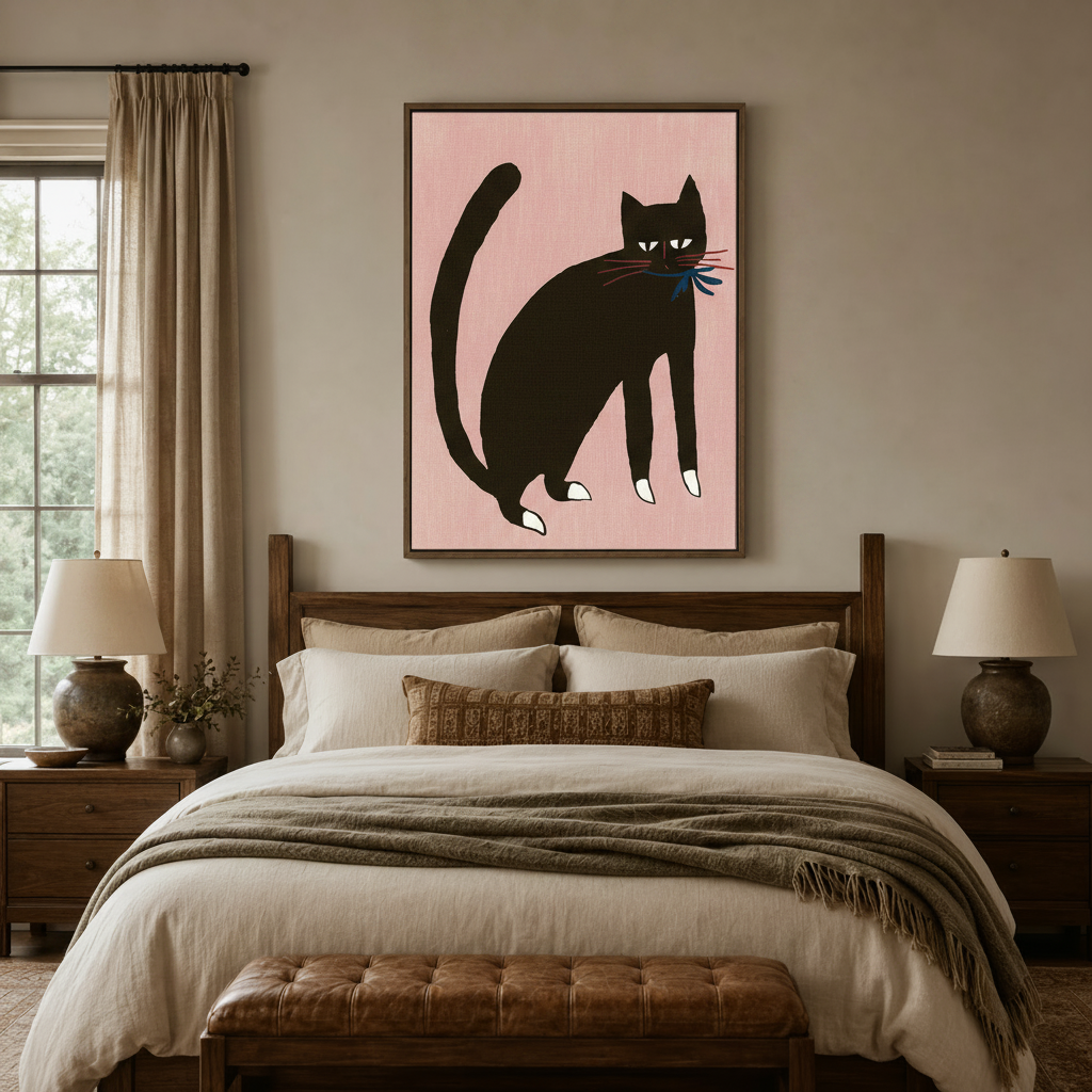 Black cat canvas print in dark walnut frame above wooden bed in cozy neutral bedroom