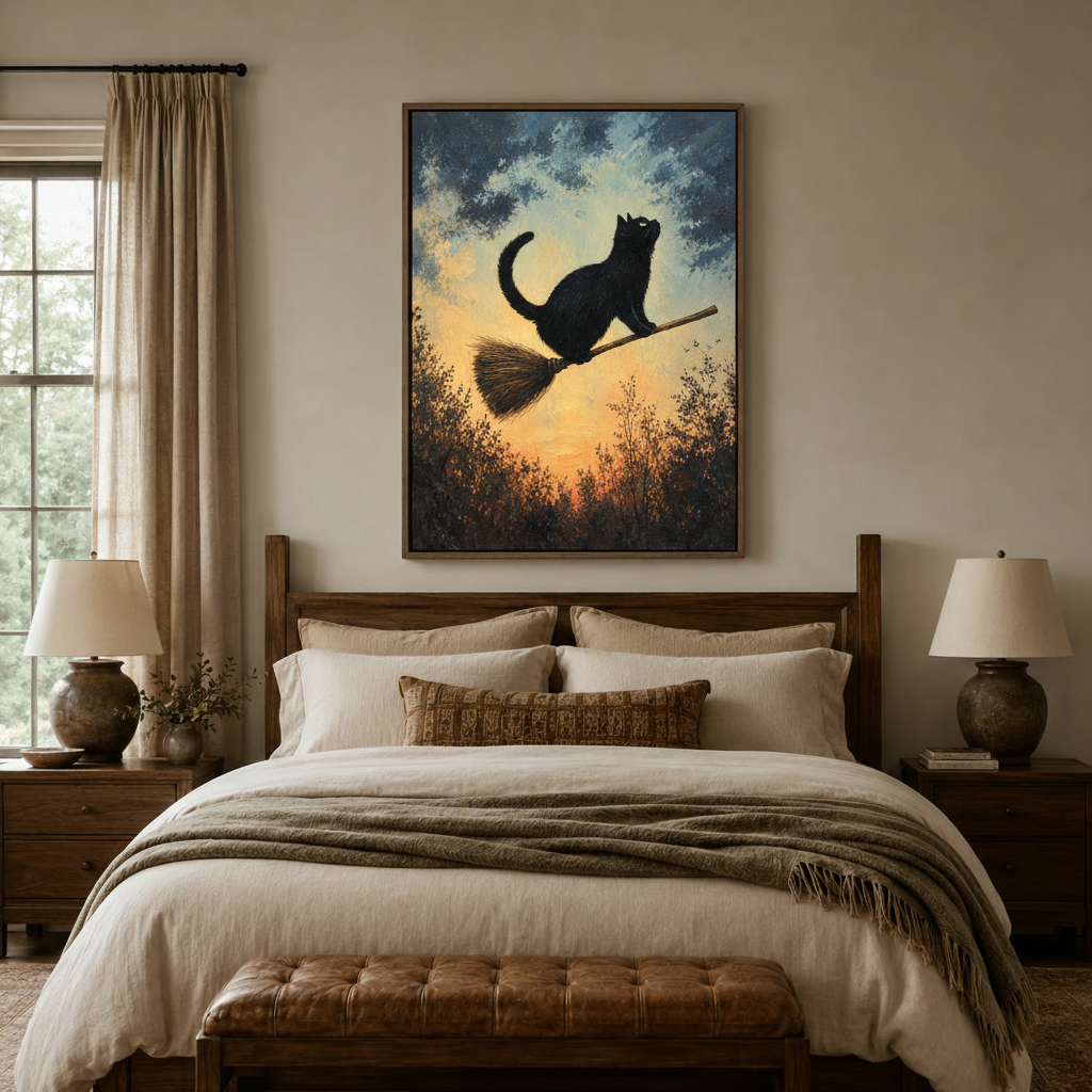 Black cat broomstick painting framed above bed in neutral warm-toned bedroom interior