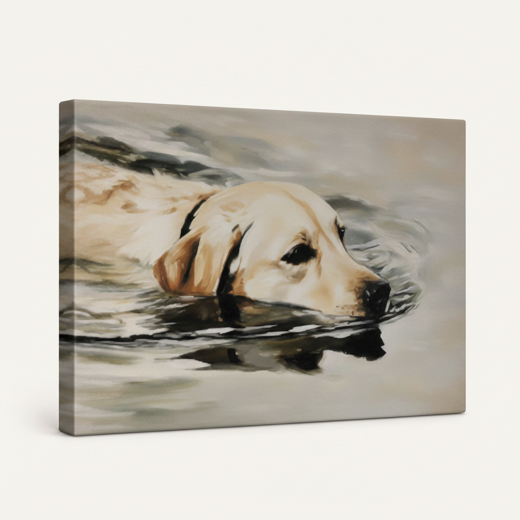 Gallery wrapped Labrador swimming realistic canvas side view showing muted gray water tones wrapping edges