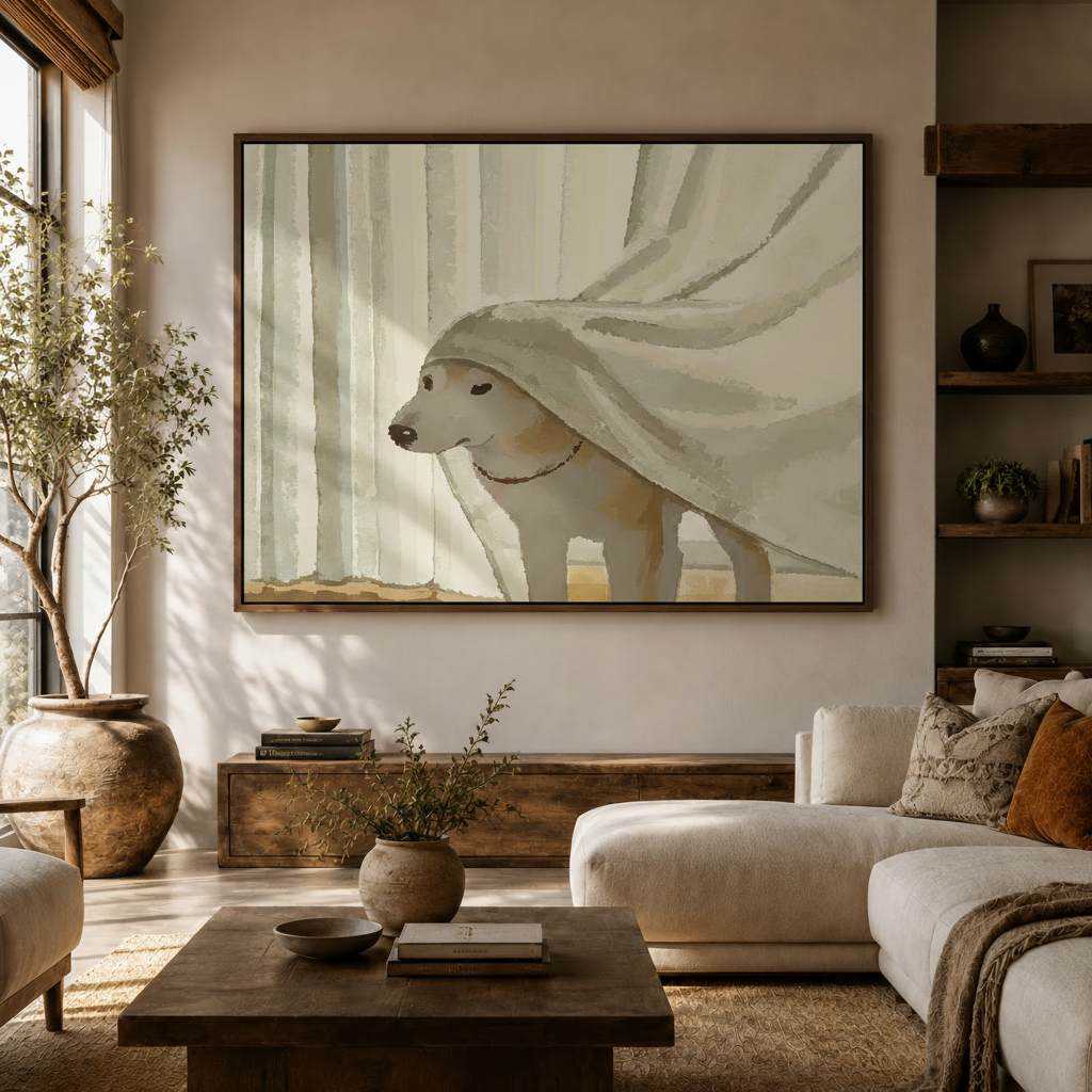 Contemporary dog wall art print hanging in a bright modern living room with white sofa and open wood shelving