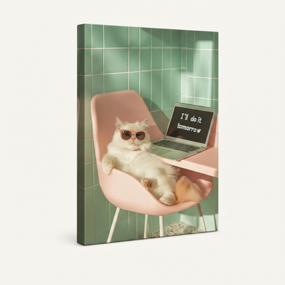 Gallery-wrapped funny cat laptop canvas with pastel colors and visible wrap edges on white background
