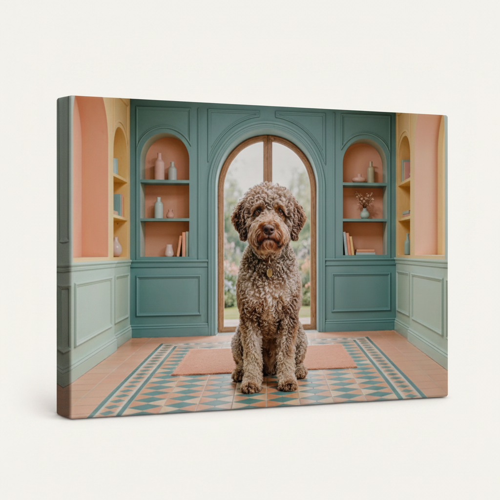 Gallery wrapped curly dog canvas side view showing dark wrap edges no frame