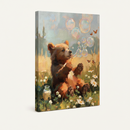 Gallery-wrapped bear cub meadow bubbles canvas with warm golden wrap edges extending naturally on left side