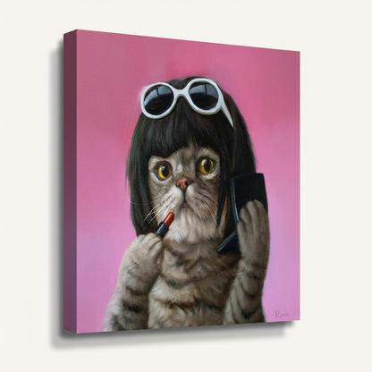 Gallery-wrap canvas of tabby cat in black wig applying red lipstick shown at left-facing angle no frame