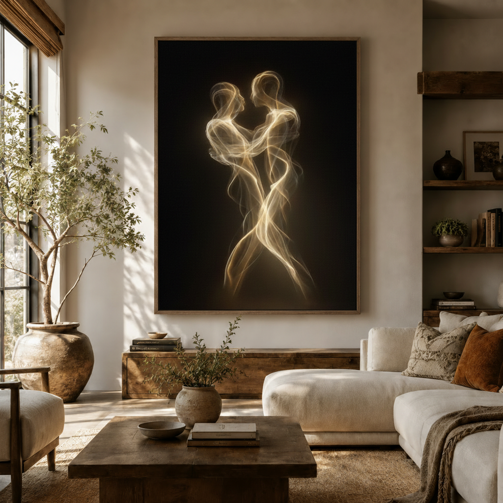 Romantic golden light couple wall art in dark walnut frame styled above a sideboard in a neutral living room