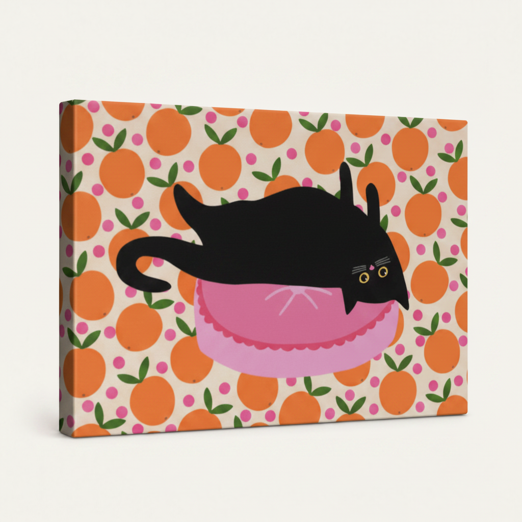Gallery wrapped black cat citrus pattern canvas side view showing dark wrap edges and orange pattern continuation