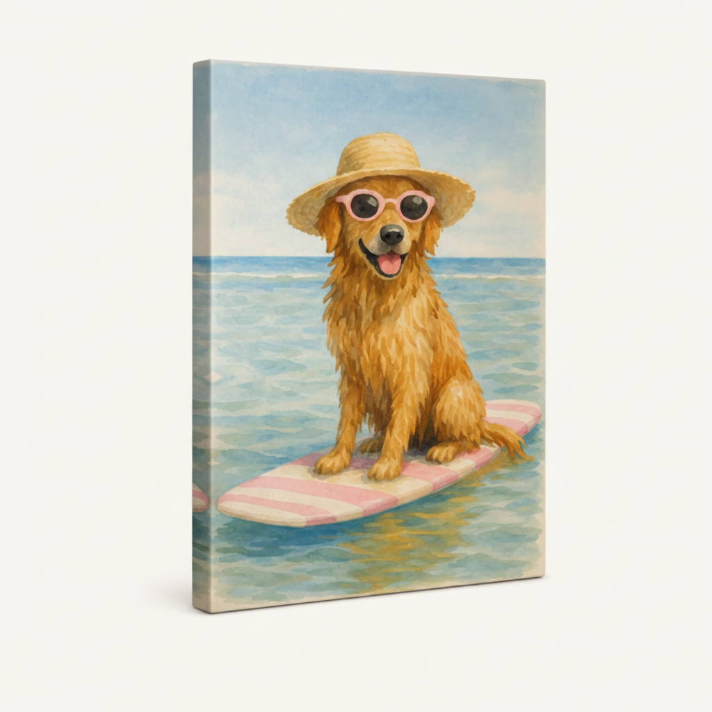 Gallery-wrapped golden retriever beach canvas with wrap edges visible, bright summer illustration on white background