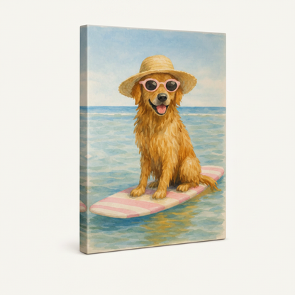 Gallery-wrapped golden retriever beach canvas with wrap edges visible, bright summer illustration on white background