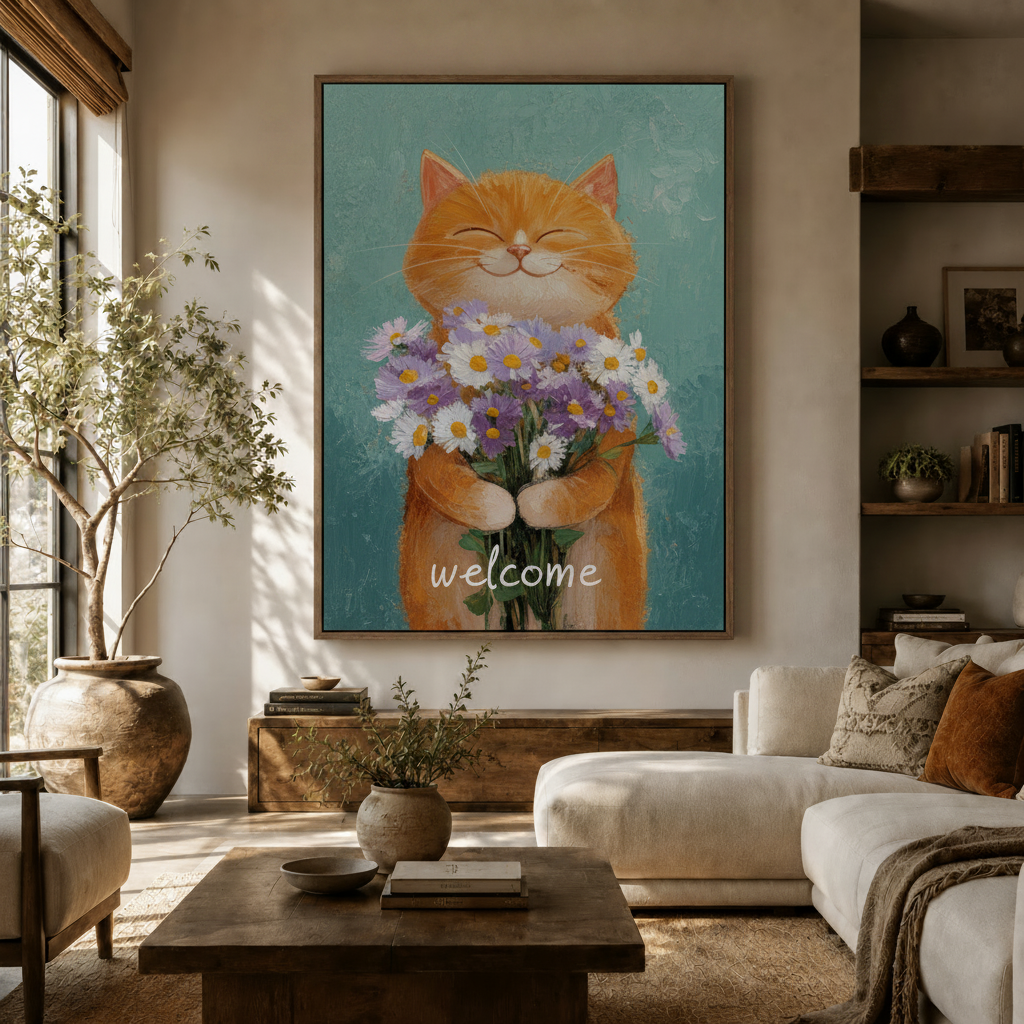  Smiling orange cat holding daisy bouquet canvas print displayed in warm Japandi living room