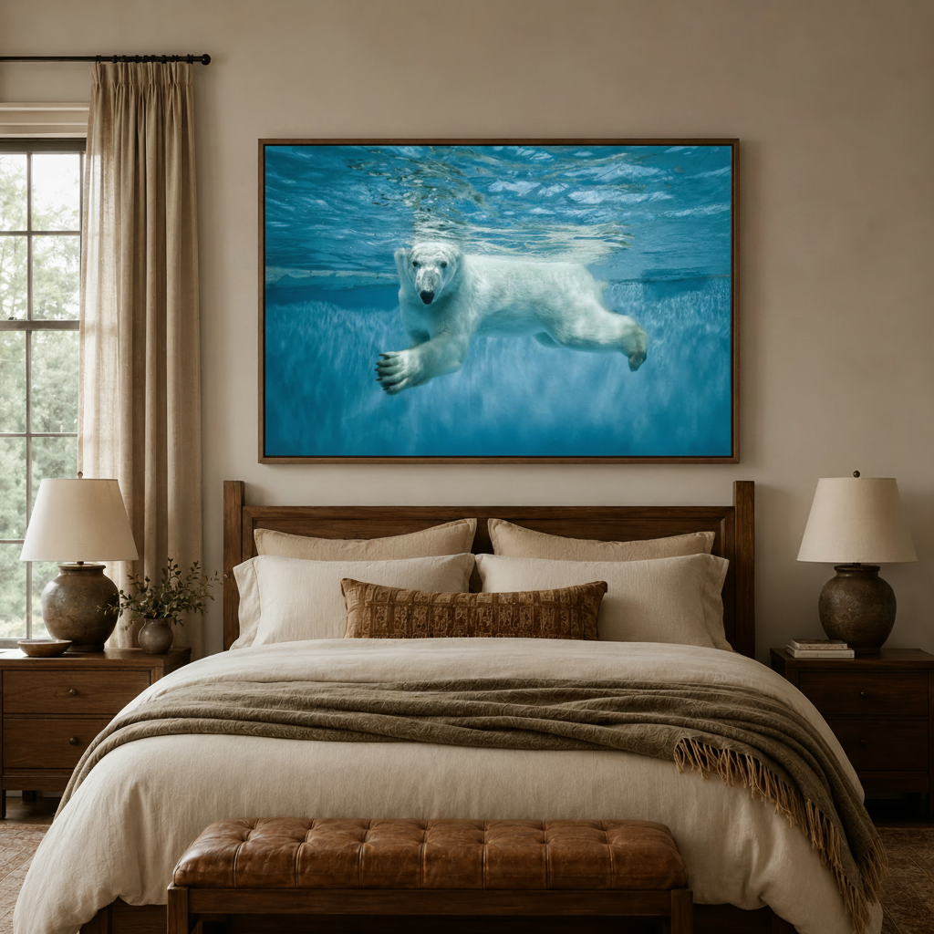 Polar bear arctic wildlife canvas wall art hung above a bed in a neutral-toned bedroom interior
