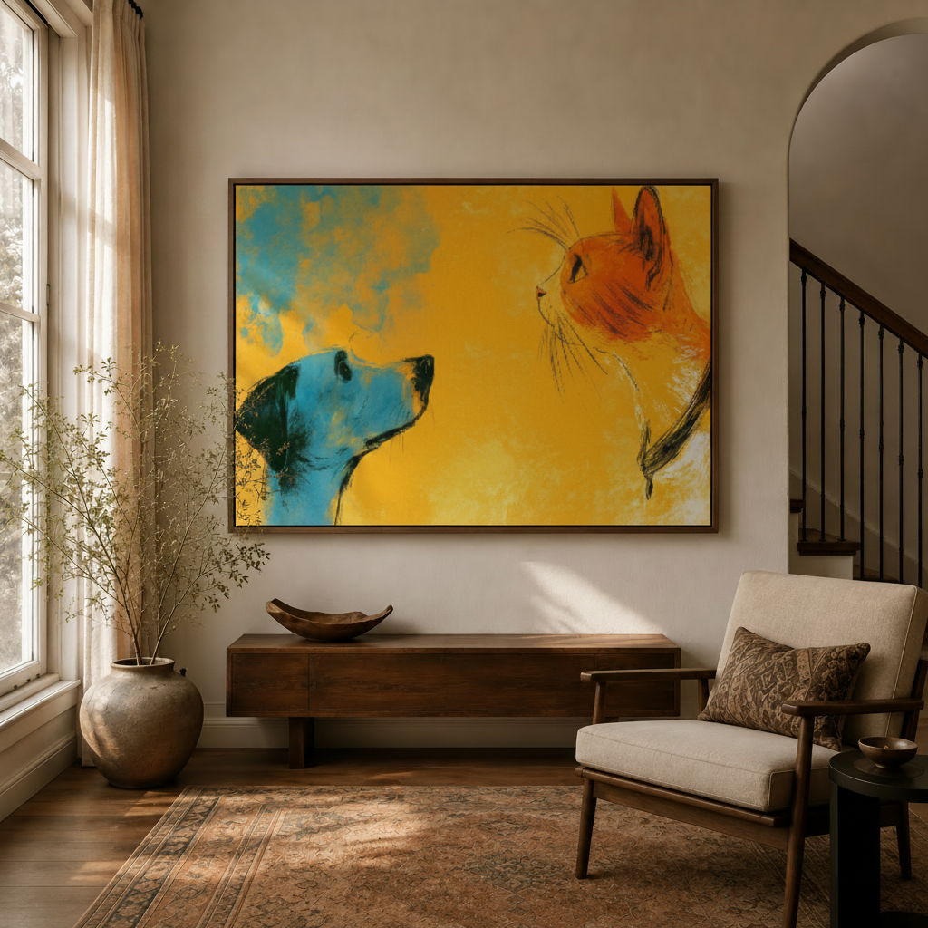 Funny cat and dog modern canvas wall art hanging in bright transitional living room with staircase
