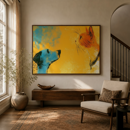 Funny cat and dog modern canvas wall art hanging in bright transitional living room with staircase