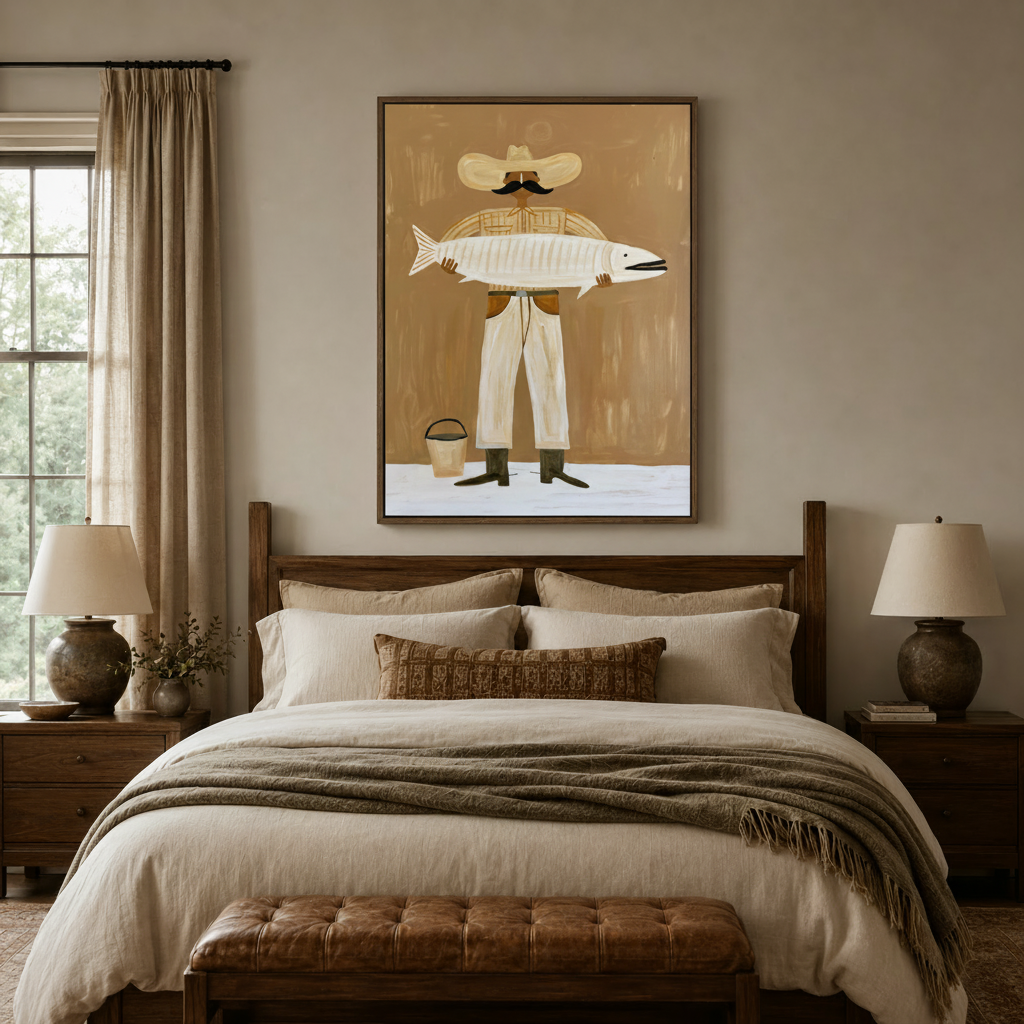 Folk art cowboy fisherman canvas above bed in neutral warm-toned bedroom
