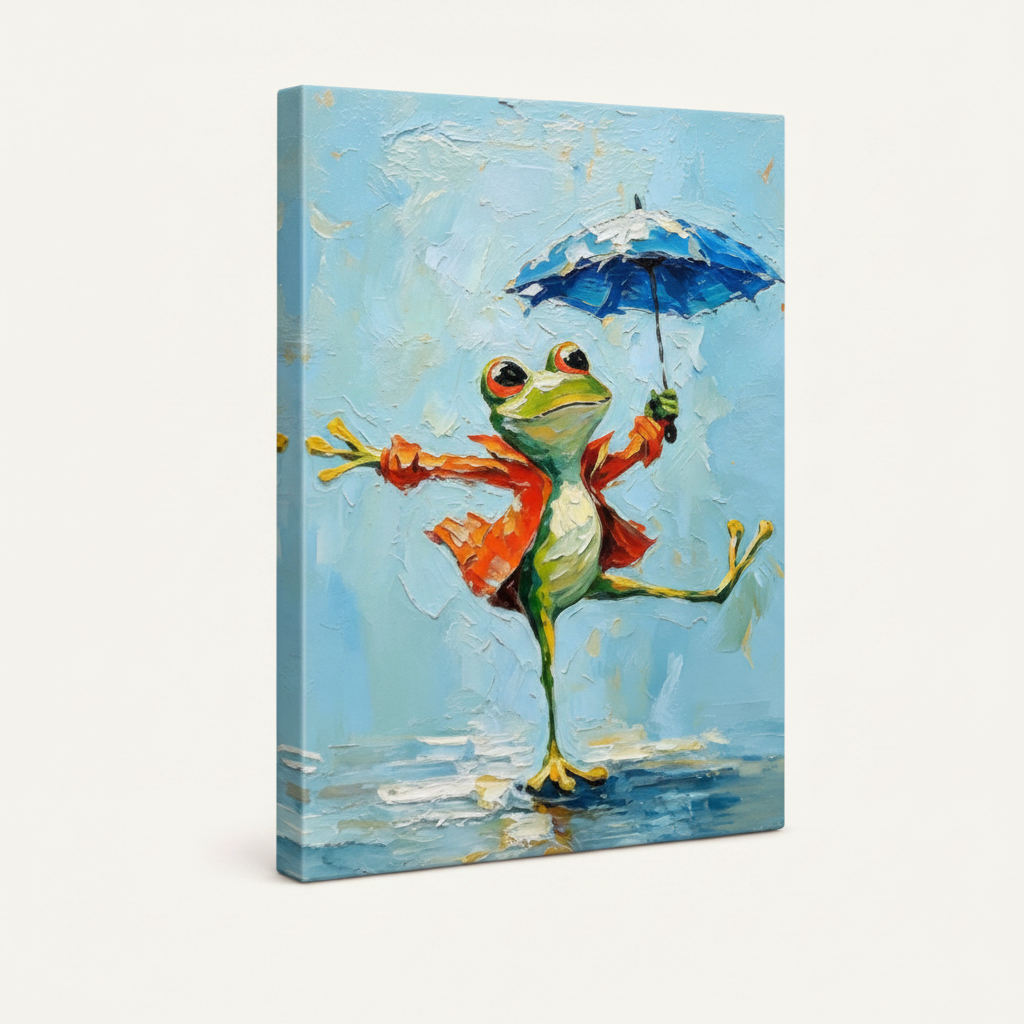 Gallery-wrapped frog dancing rain impasto canvas with soft sky blue tones wrapping left and bottom edges