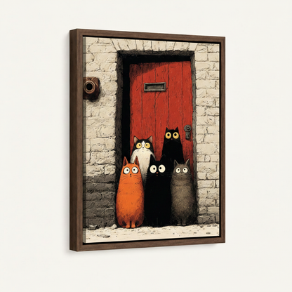 Framed comic cat canvas print with five cats at red brick door in dark walnut float frame