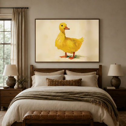 Yellow duck canvas wall art styled as playful nursery or bedroom decor