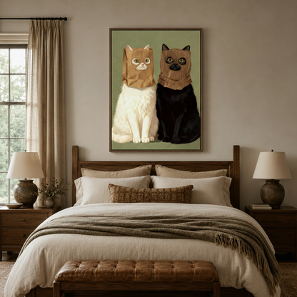 Masked cats framed canvas art print hanging above a bed in a warm bedroom setting