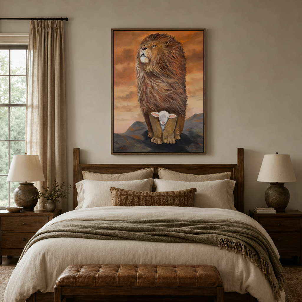 Realistic lion and lamb canvas wall art above a linen bed in a neutral cozy bedroom setting