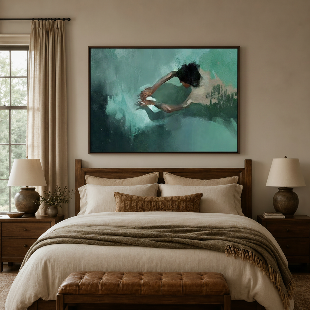 Bold expressionist figure canvas wall art above bed headboard in warm-toned bedroom