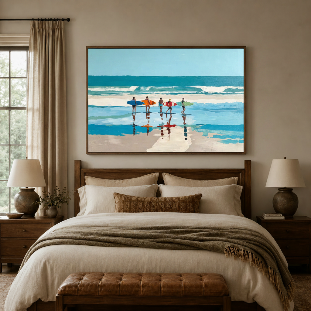  Beach surfers impressionist wall art above bed in a cozy neutral bedroom interior