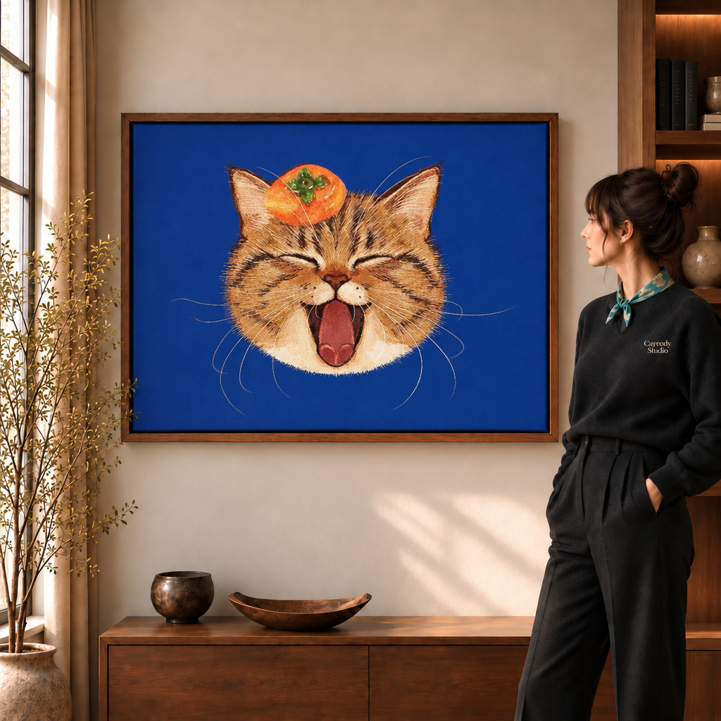 Smiling tabby cat canvas art on a cobalt blue background in a bright living room.
