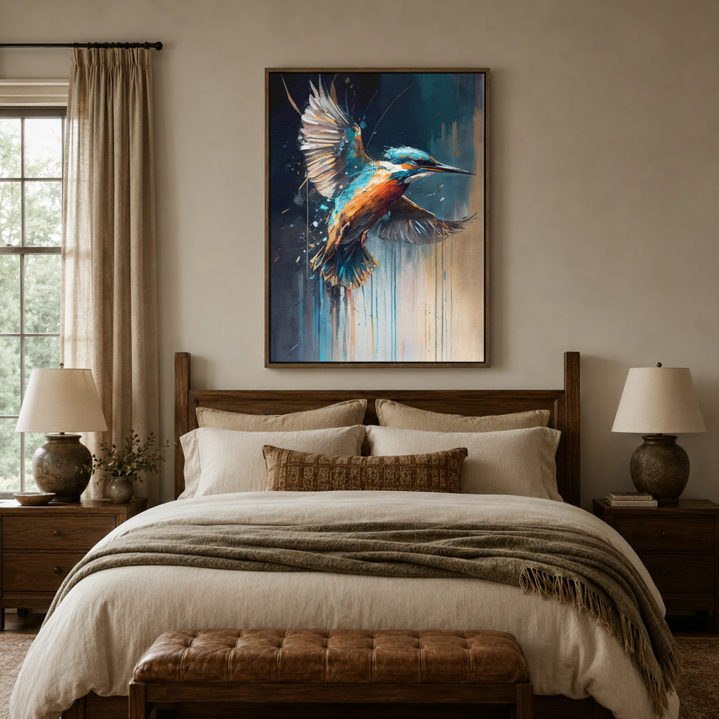 Expressive kingfisher wall art above a wooden bed in a warm bedroom interior
