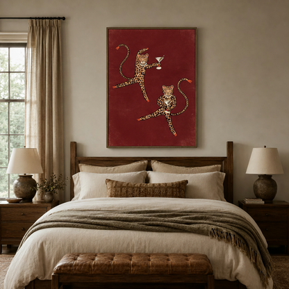 Whimsical animal canvas print above a wooden bed headboard in a cozy boho bedroom with linen bedding