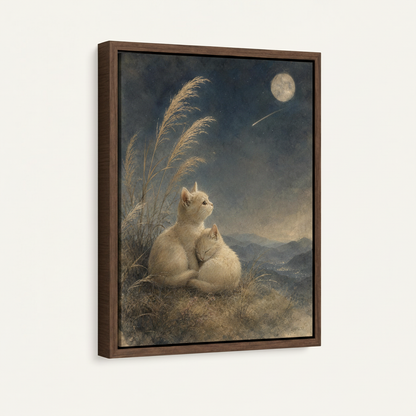 Framed two cats moonlit night wall art in dark walnut float frame, angled product view