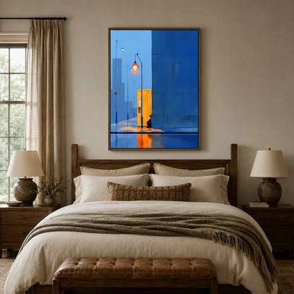 Moody minimalist city art print above bed in a cozy contemporary bedroom