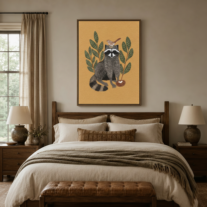 Framed raccoon folk art canvas print centered above bed in warm traditional bedroom with walnut furniture