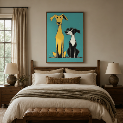 Retro teal dog wall art in dark walnut float frame above bed in neutral bedroom