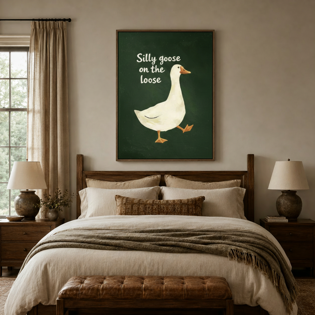 Whimsical silly goose wall art above dark wood bed frame in cozy neutral bedroom with warm lighting