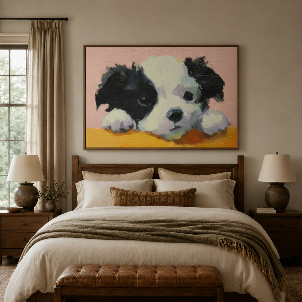 Framed puppy portrait canvas wall art displayed above bed in calm neutral bedroom with soft ambient lighting
