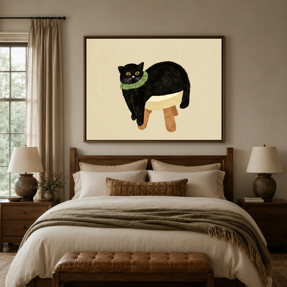 Flat illustration black cat canvas print above dark walnut headboard in warm neutral bedroom