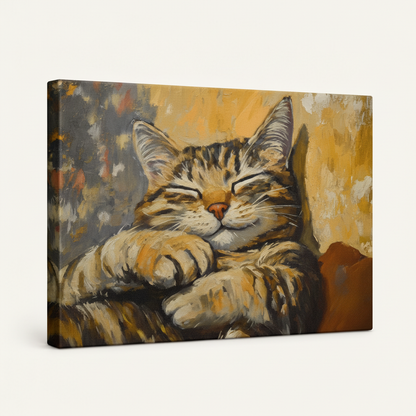 Gallery-wrapped smiling cat impressionist canvas, 3/4 angle showing warm amber and grey tones on wrap edges