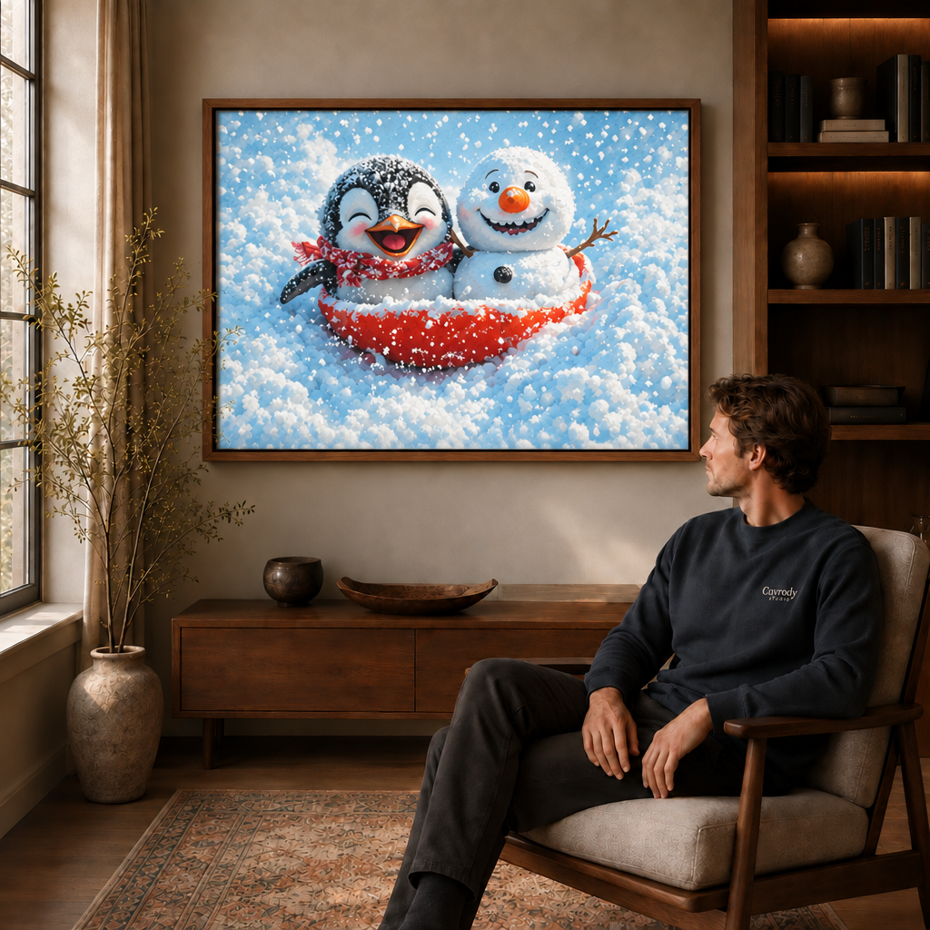 Snowy penguin and snowman canvas wall art in a walnut frame above a seated man.
