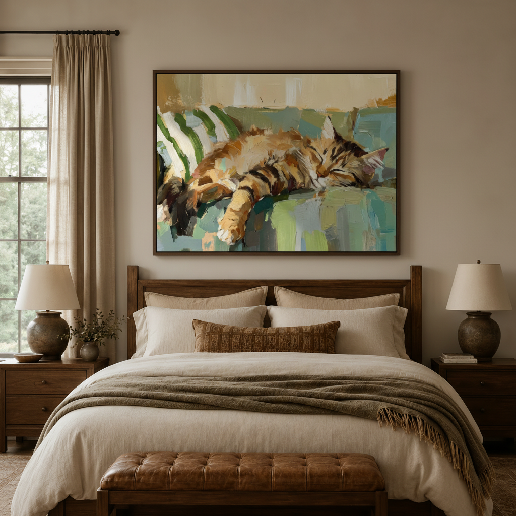 Impasto oil painting of resting orange tabby cat above bed in cozy bedroom setting