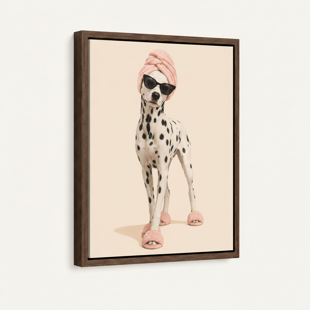 Framed Dalmatian dog wall art in dark walnut float frame, angled product view