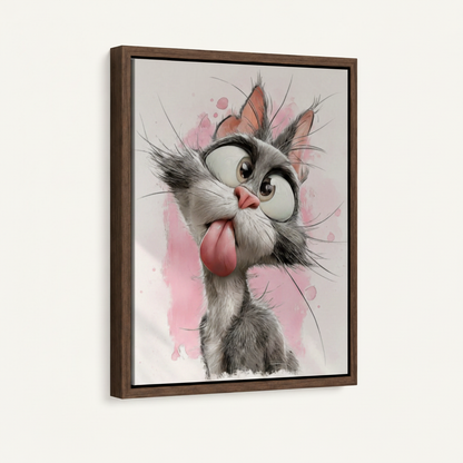 Framed 3D cartoon gray cat tongue out canvas print in dark walnut float frame on white background