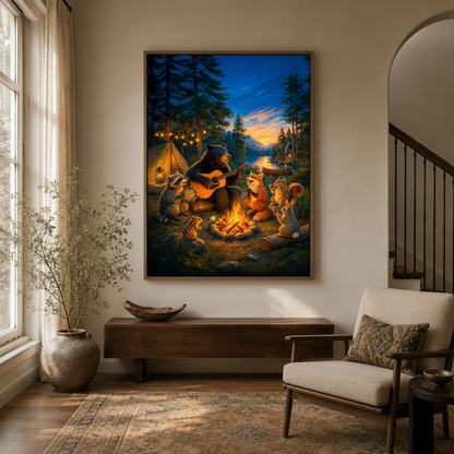 Framed forest animals campfire canvas print hanging in warm entryway hallway