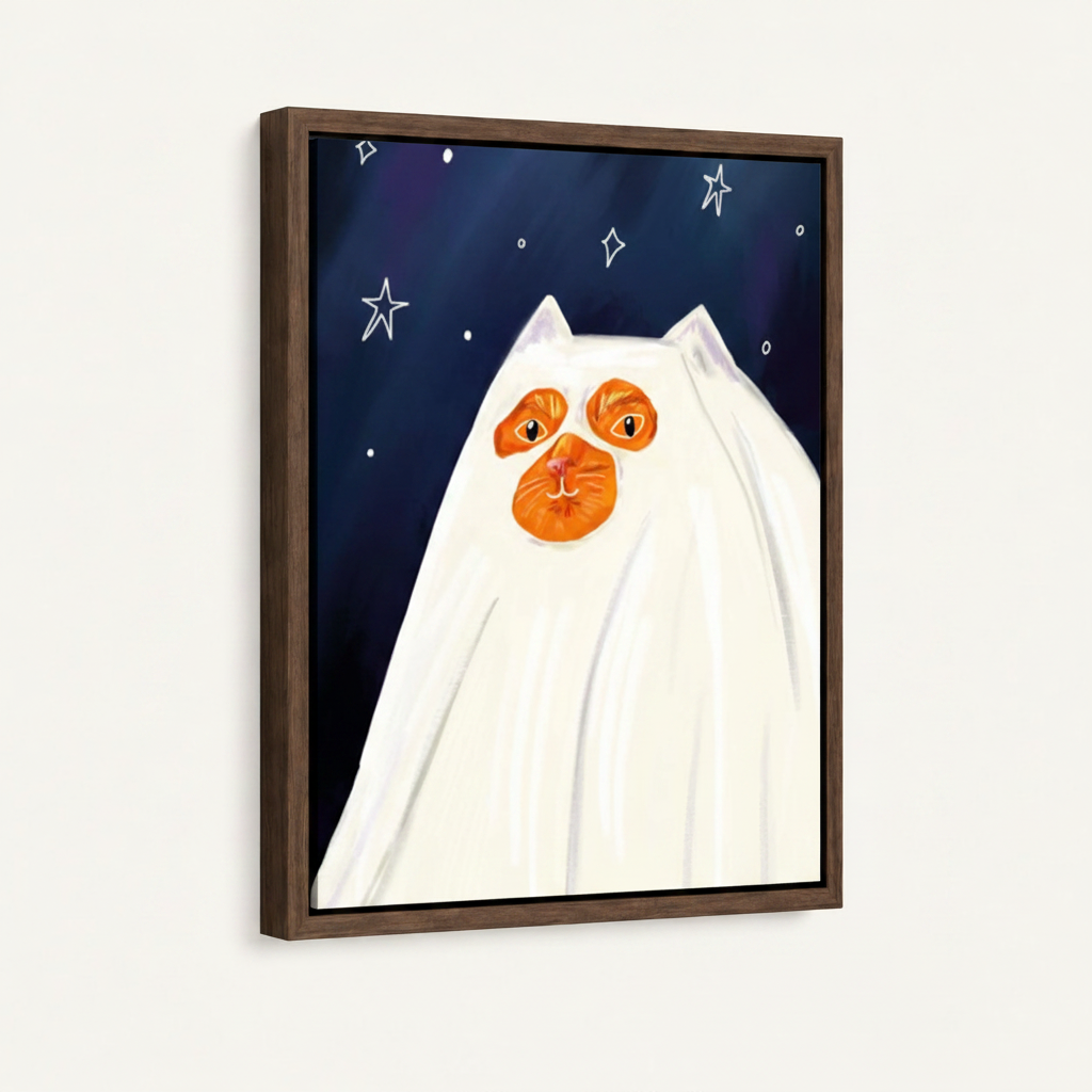 Framed canvas print with dark walnut float frame featuring orange cat in white ghost costume